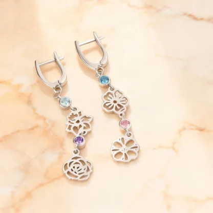 Personalized 1-3 Birth Flower & Birthstone  Dangle Earrings