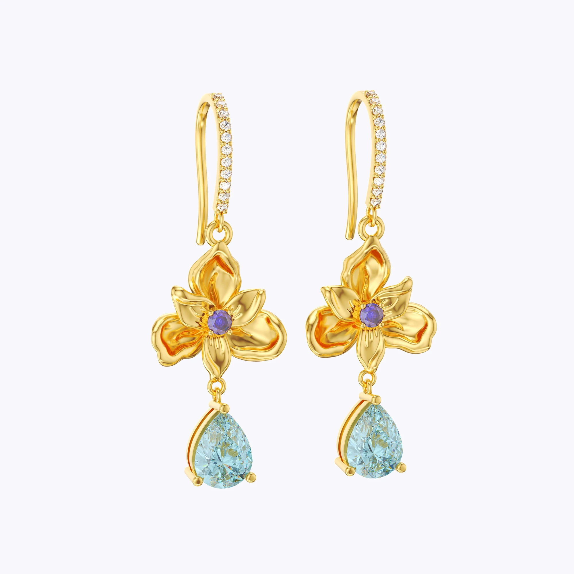 Custom Birth Flower Pear Birthstone Earrings with Pavé Accents