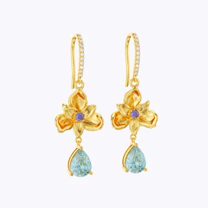 Custom Birth Flower Pear Birthstone Earrings with Pavé Accents