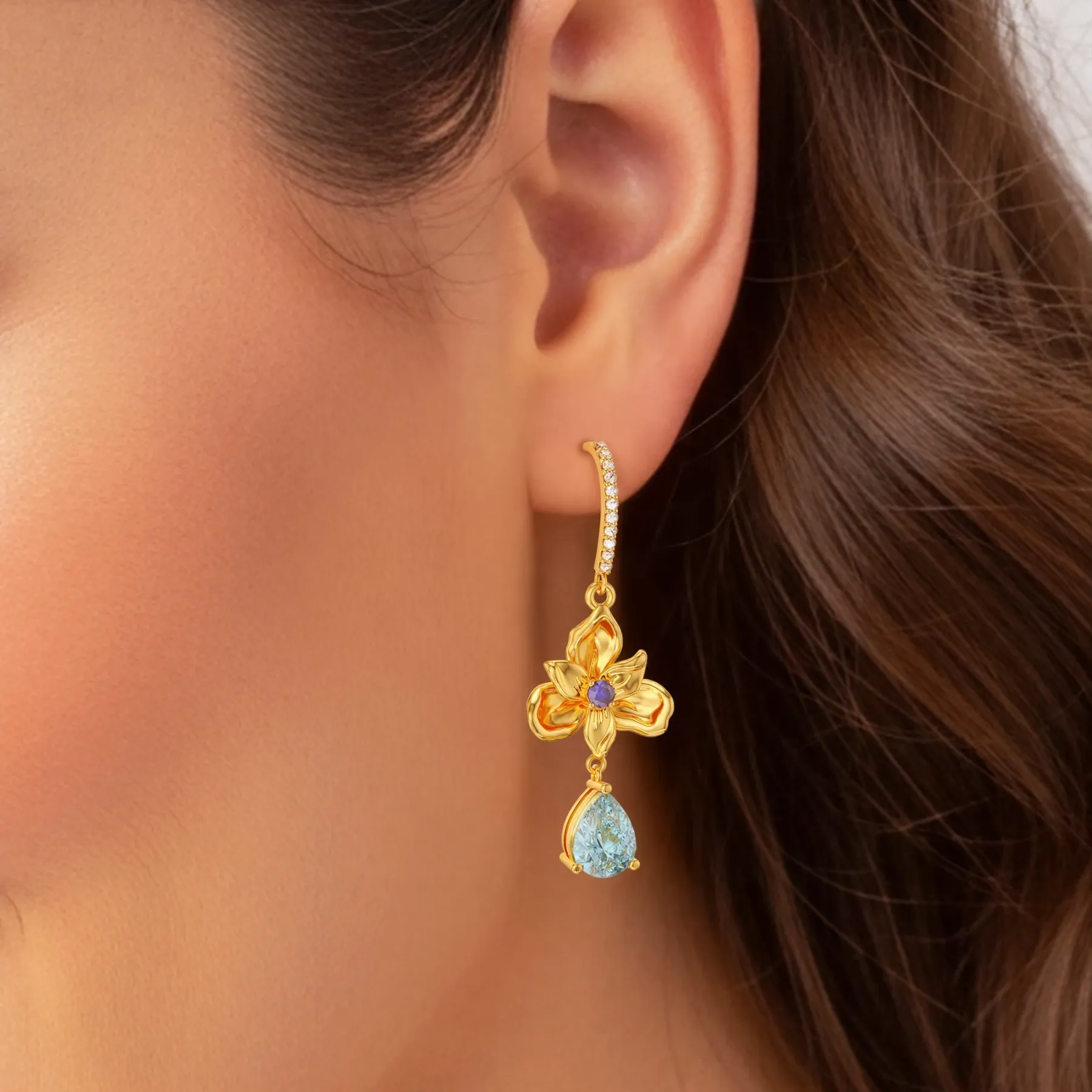 Custom Birth Flower Pear Birthstone Earrings with Pavé Accents