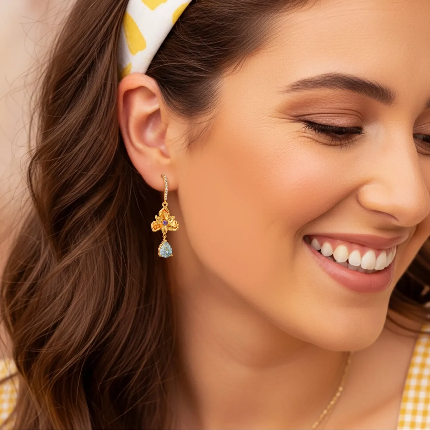 Custom Birth Flower Pear Birthstone Earrings with Pavé Accents