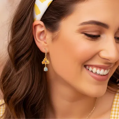 Custom Birth Flower Pear Birthstone Earrings with Pavé Accents