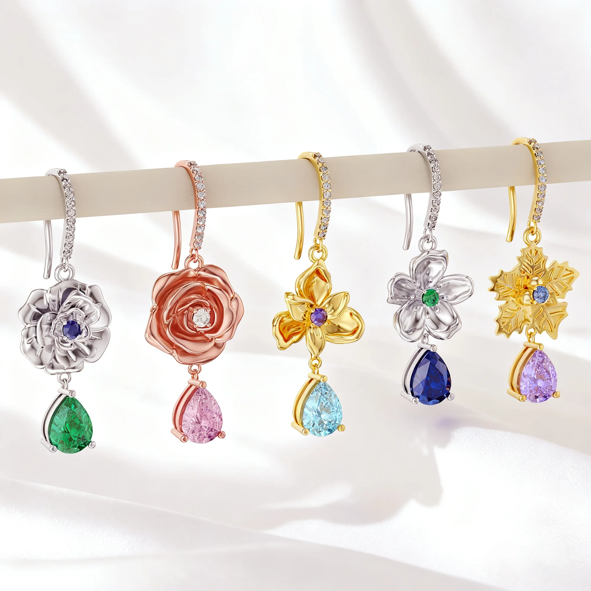 Custom Birth Flower Pear Birthstone Earrings with Pavé Accents