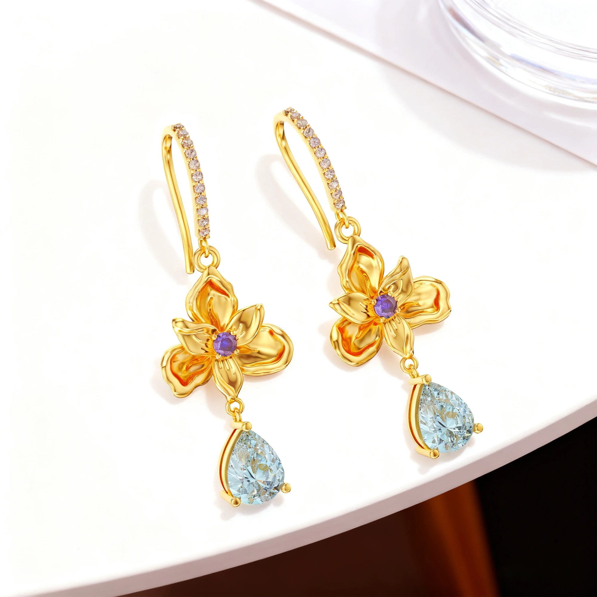 Custom Birth Flower Pear Birthstone Earrings with Pavé Accents