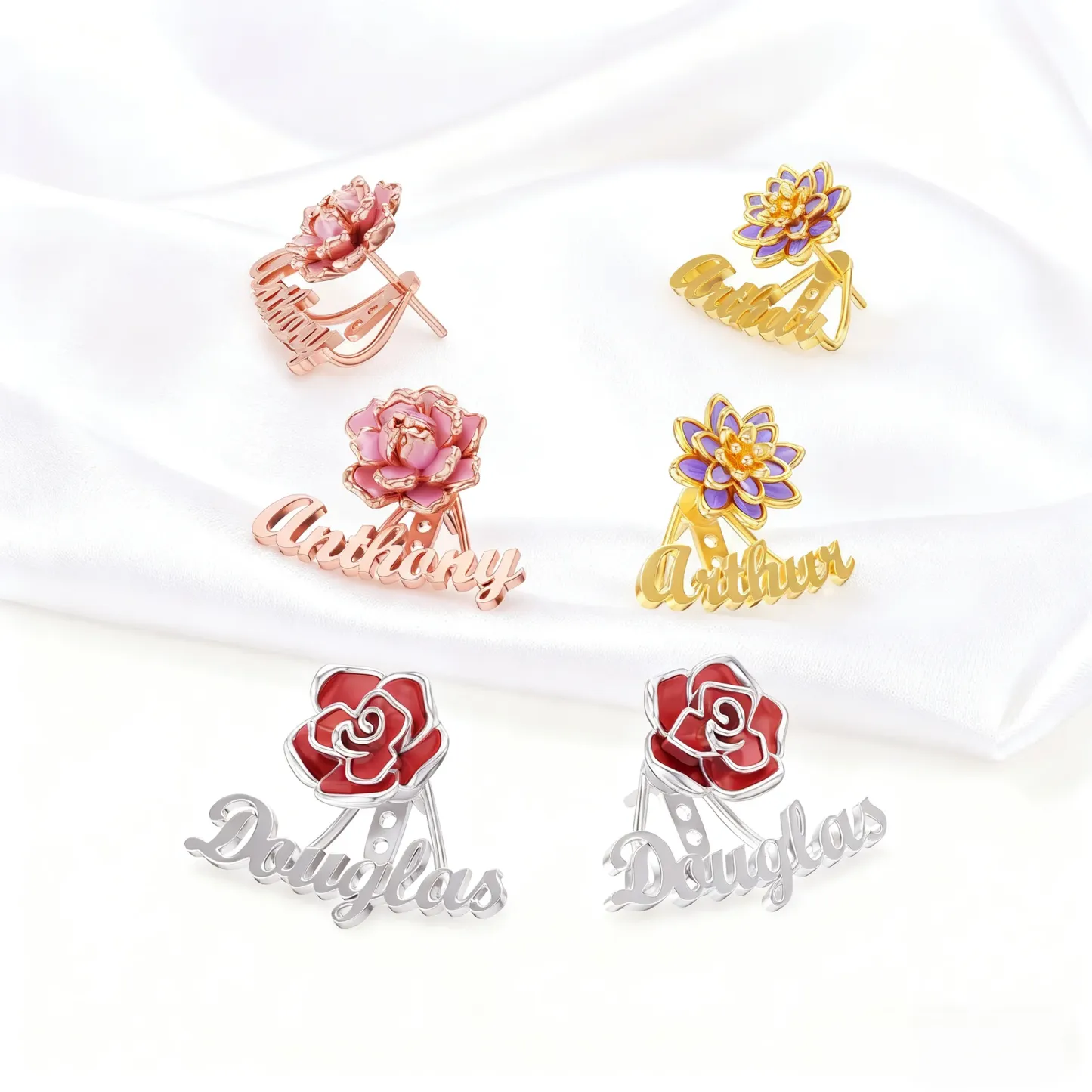 Whirling Blooms Collection Custom Spinning Birth Flower  Name Studs