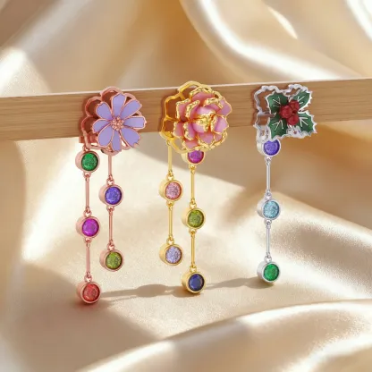 Custom Birth Flower Earrings with 1-8 Birthstone