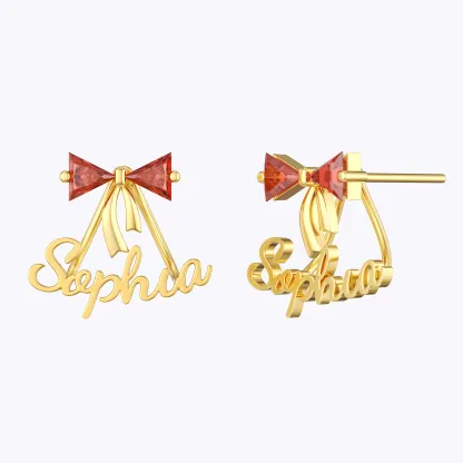 Personalized Double Triangle Birthstone Bow Name Studs