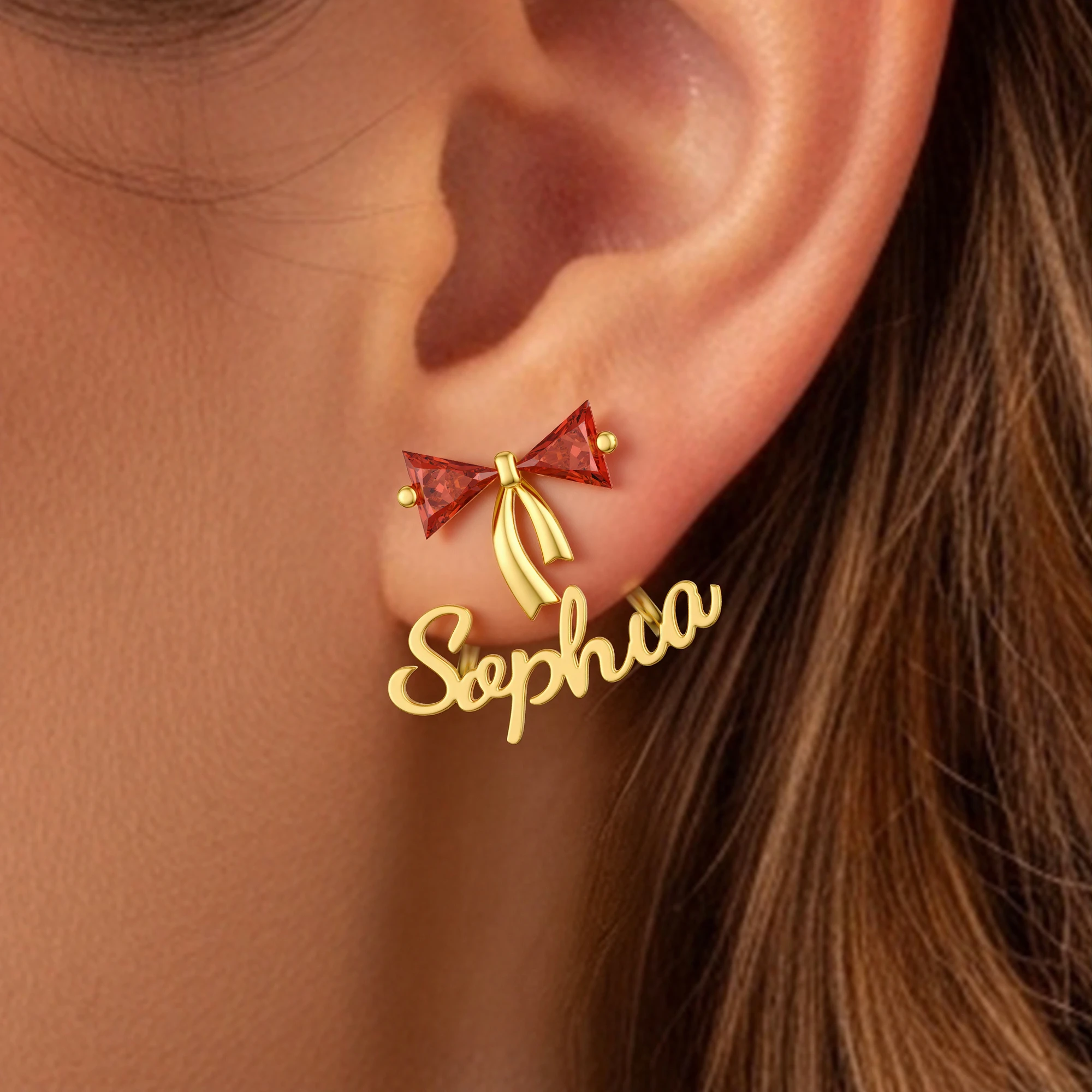 Personalized Double Triangle Birthstone Bow Name Studs