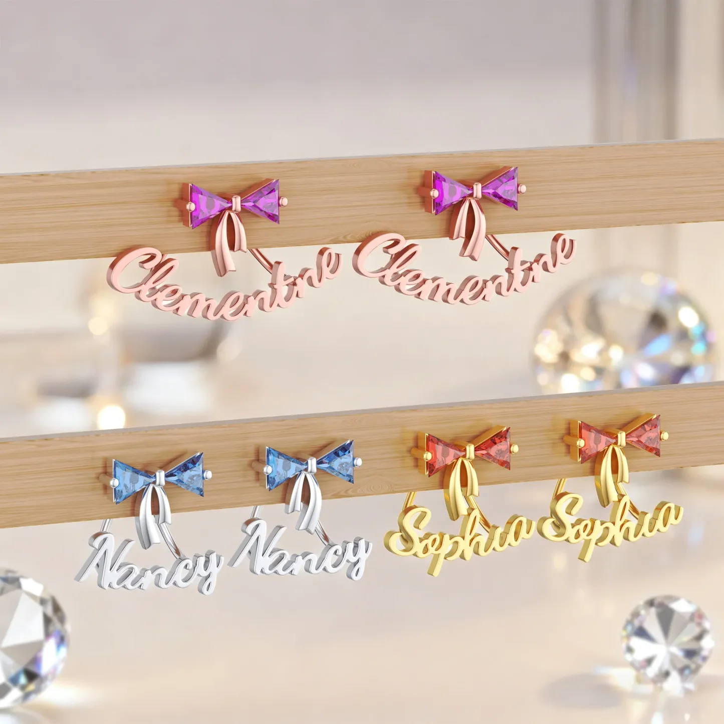 Personalized Double Triangle Birthstone Bow Name Studs