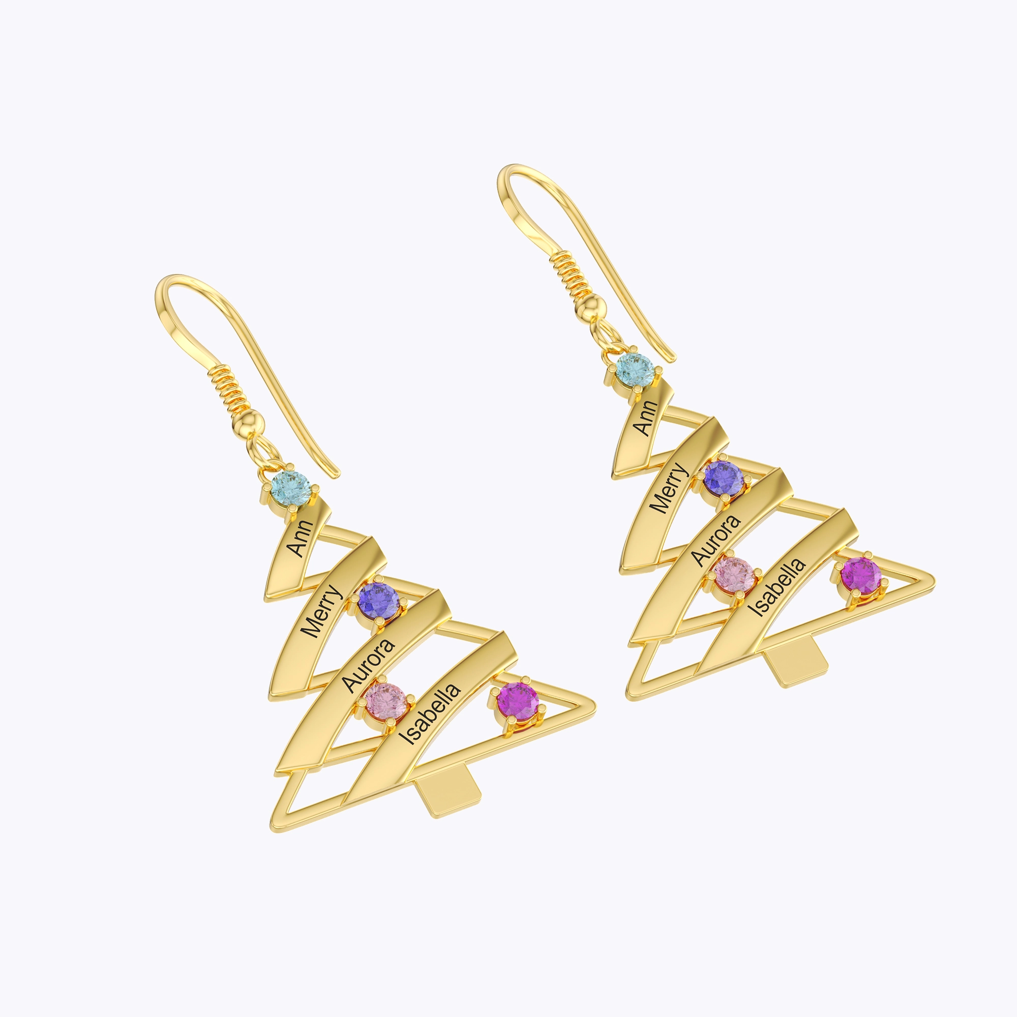 Custom 1-4 Name Round Birthstone Christmas Tree Earrings