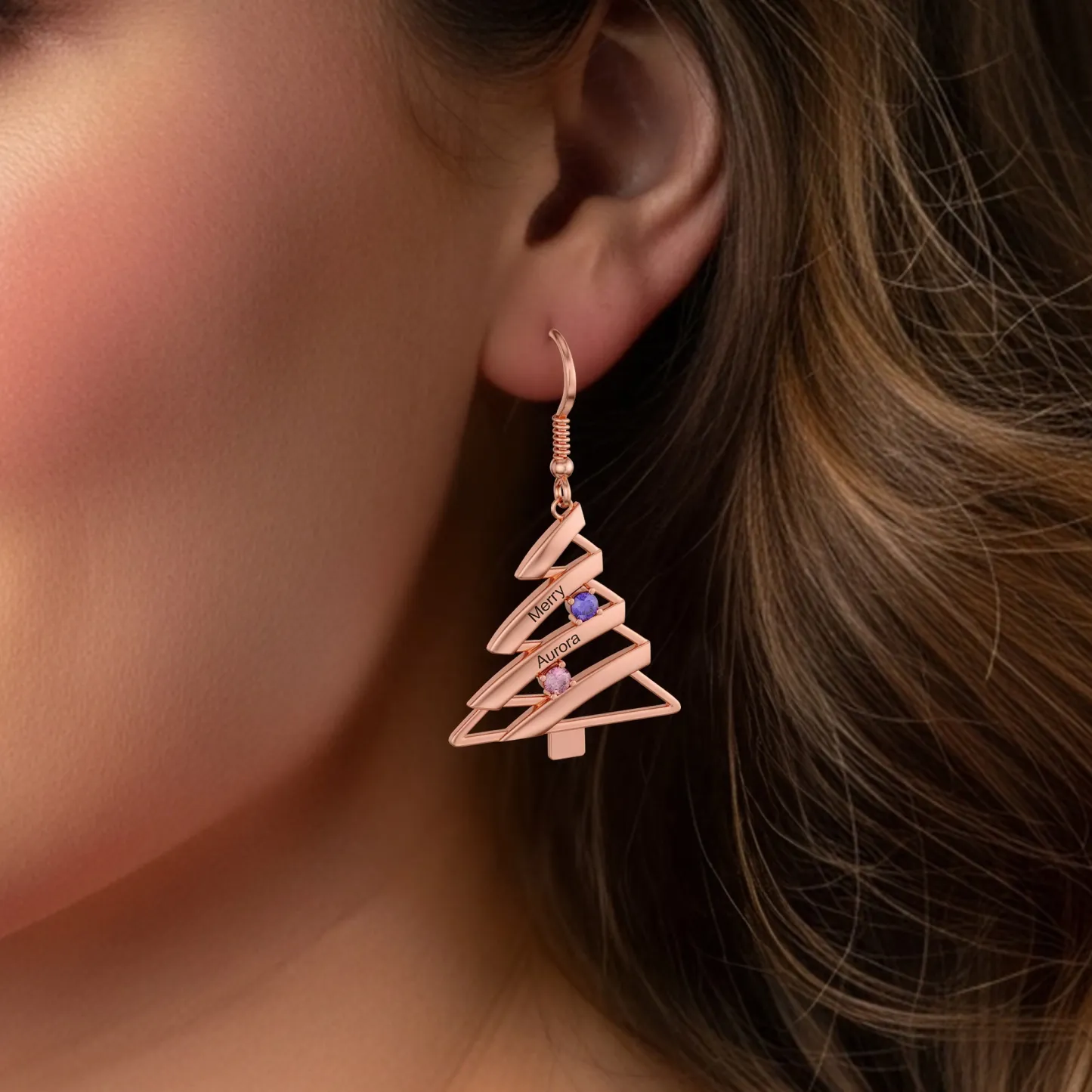 Custom 1-4 Name Round Birthstone Christmas Tree Earrings