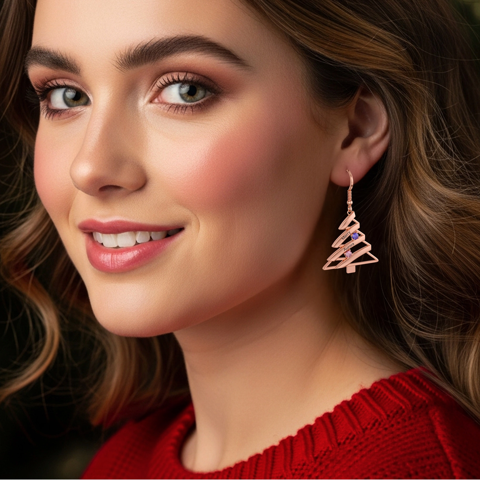 Custom 1-4 Name Round Birthstone Christmas Tree Earrings