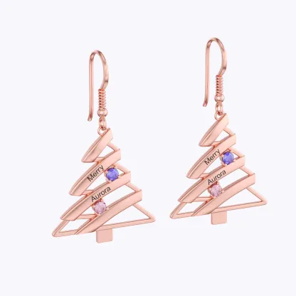 Custom 1-4 Name Round Birthstone Christmas Tree Earrings