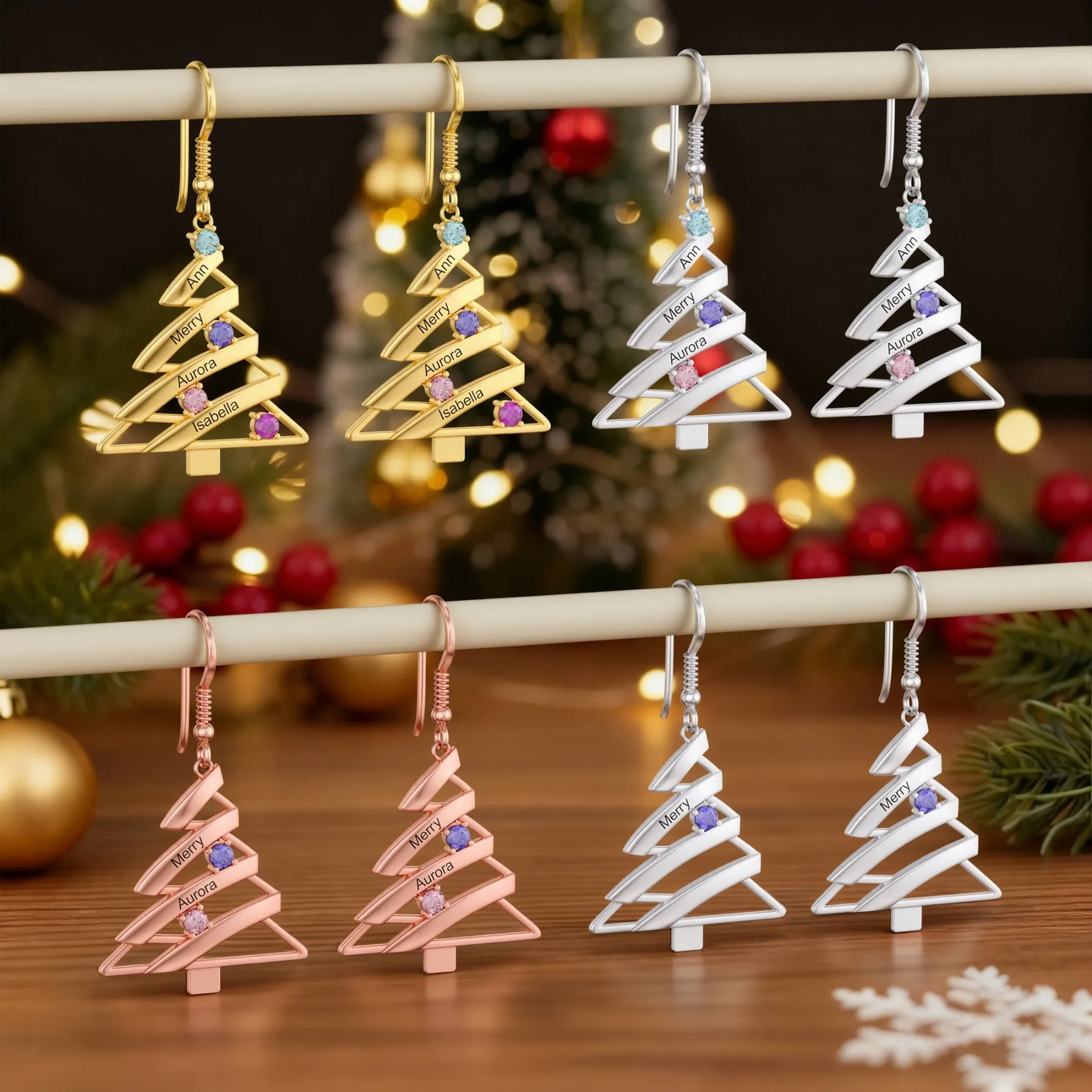 Custom 1-4 Name Round Birthstone Christmas Tree Earrings