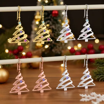 Custom 1-4 Name Round Birthstone Christmas Tree Earrings