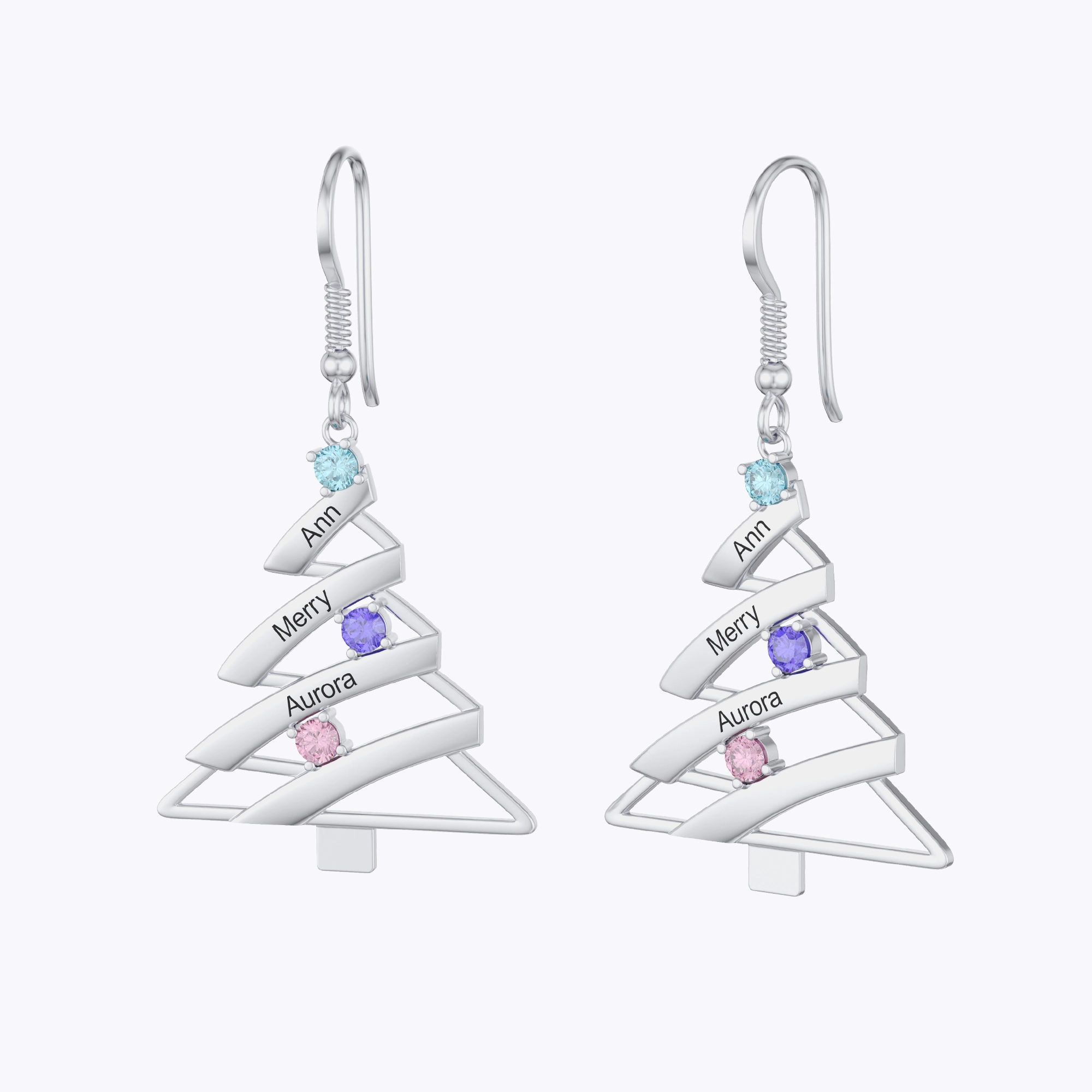 Custom 1-4 Name Round Birthstone Christmas Tree Earrings