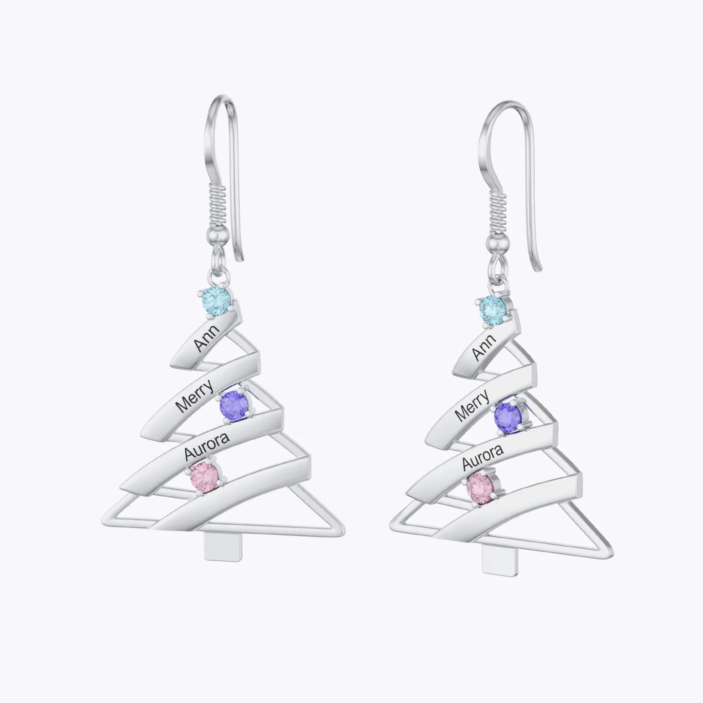 Custom 1-4 Name Round Birthstone Christmas Tree Earrings