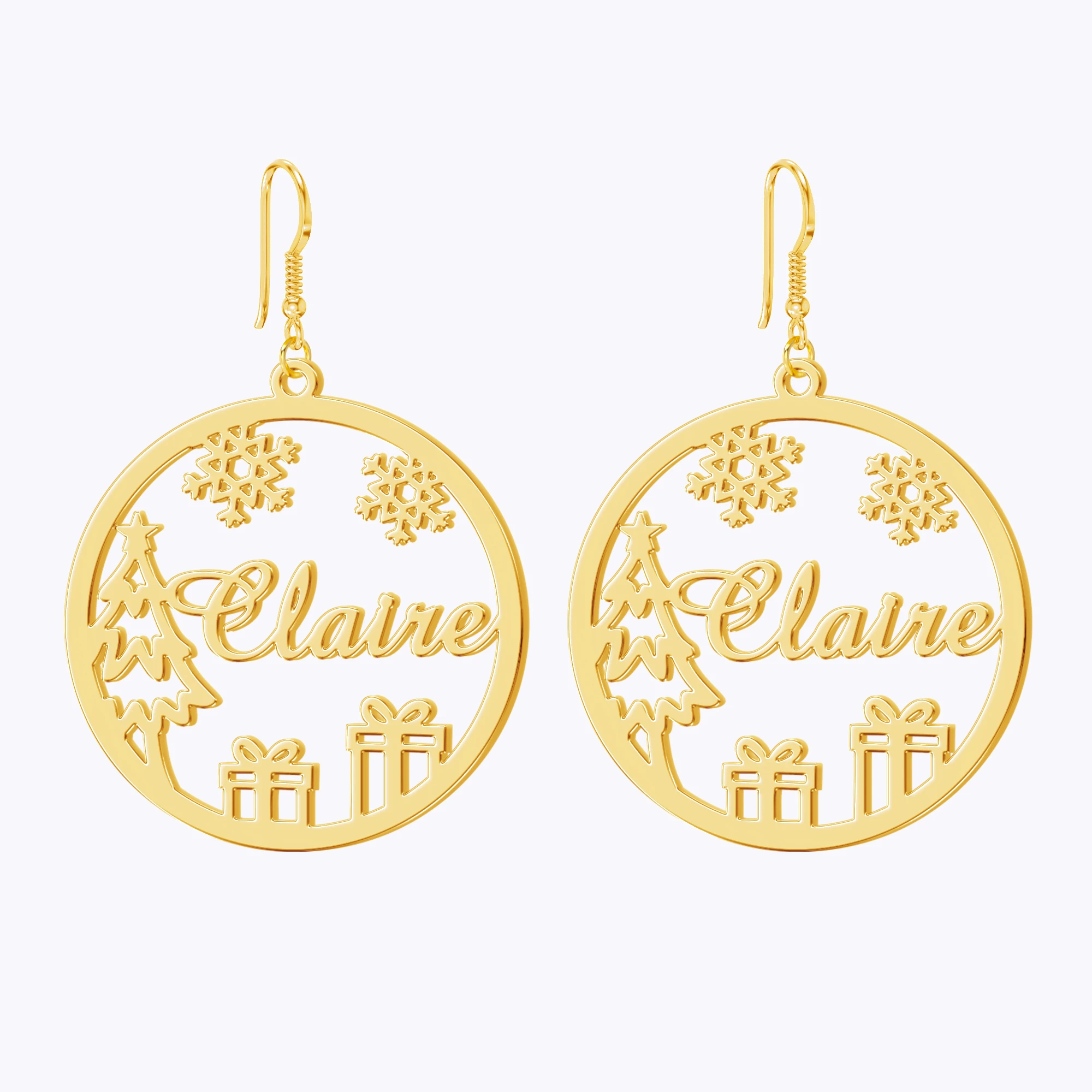 Custom Round Shape Snowflake Name Christmas Earrings