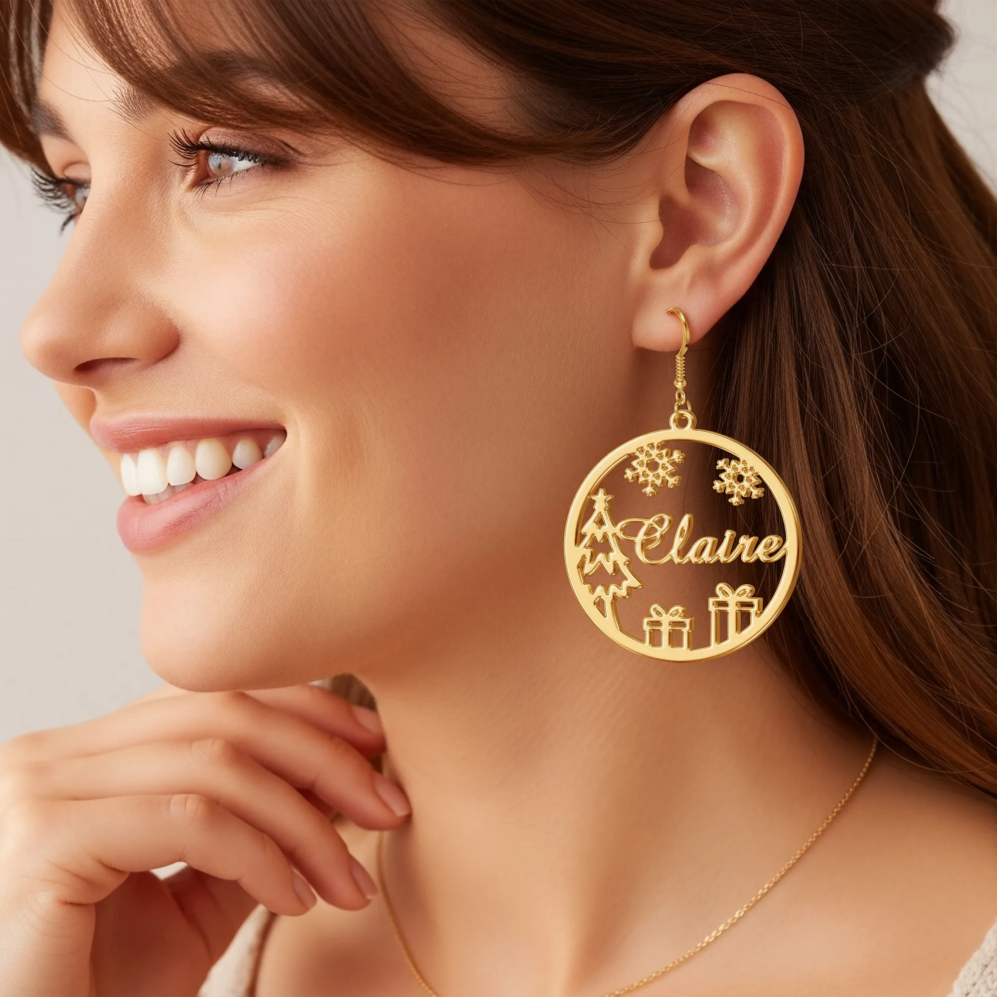 Custom Round Shape Snowflake Name Christmas Earrings