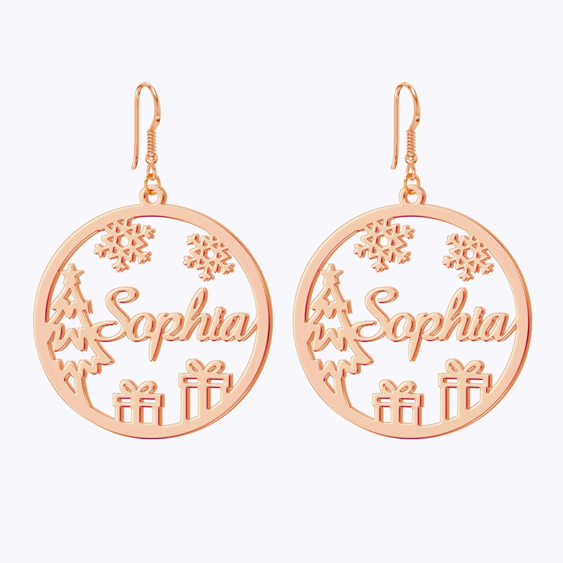 Custom Round Shape Snowflake Name Christmas Earrings