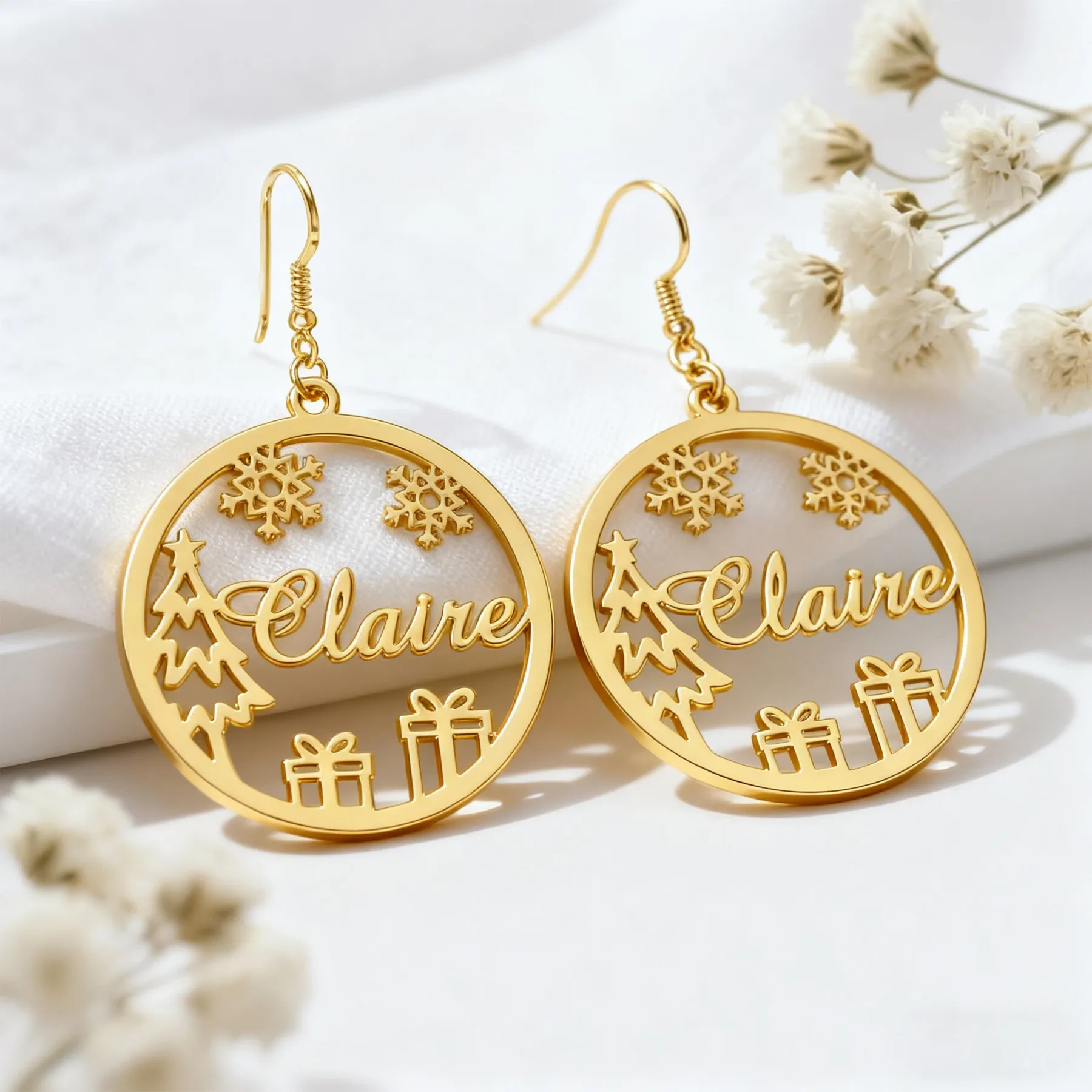 Custom Round Shape Snowflake Name Christmas Earrings
