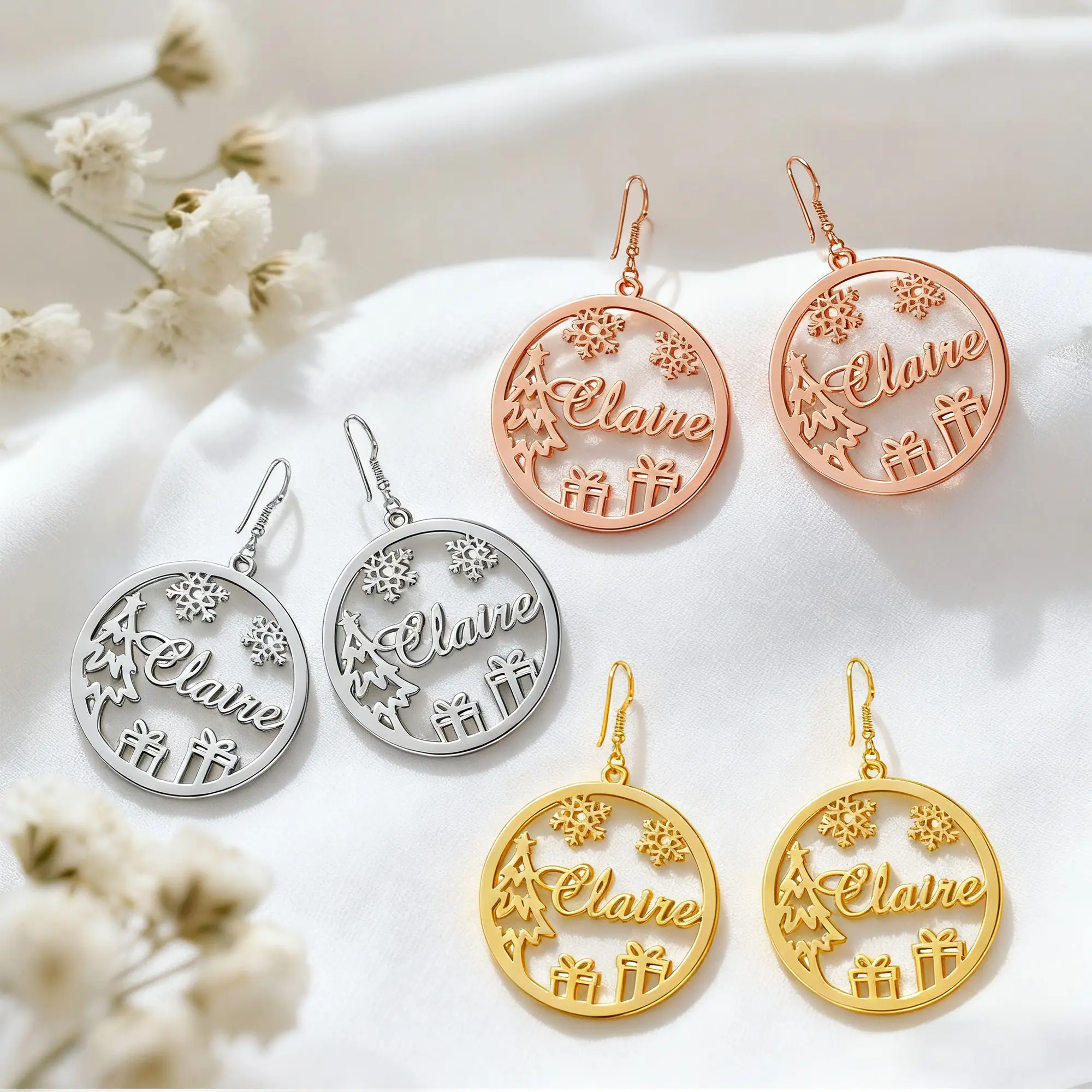 Custom Round Shape Snowflake Name Christmas Earrings