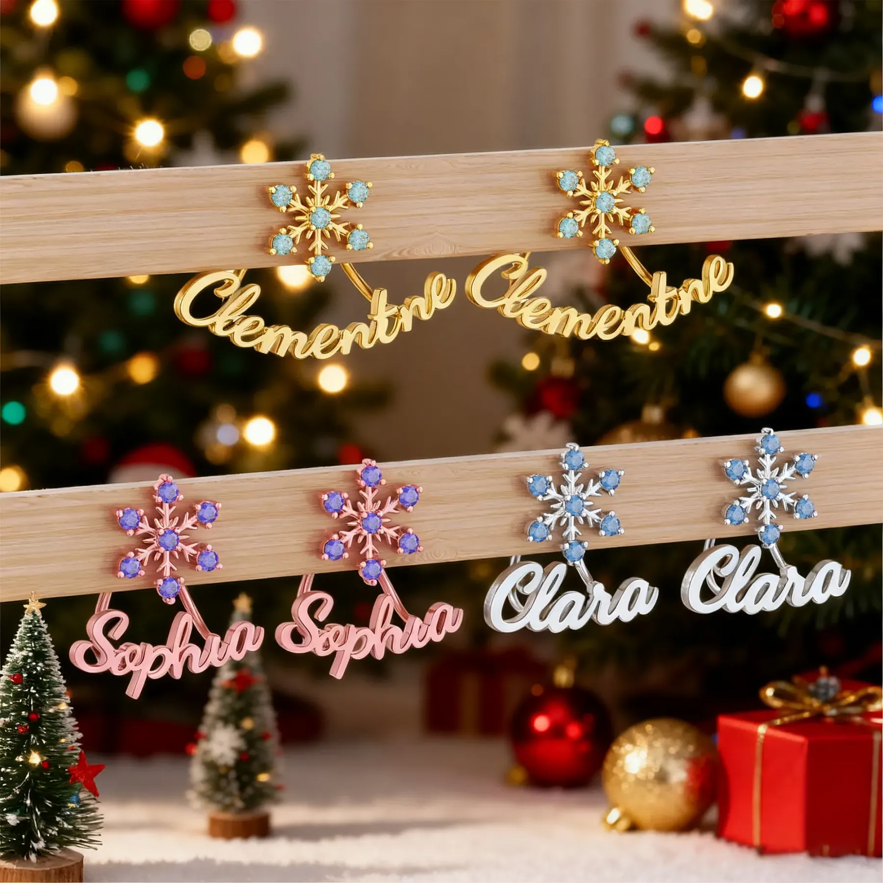 Custom Name Snowflake with Birthstone Studs