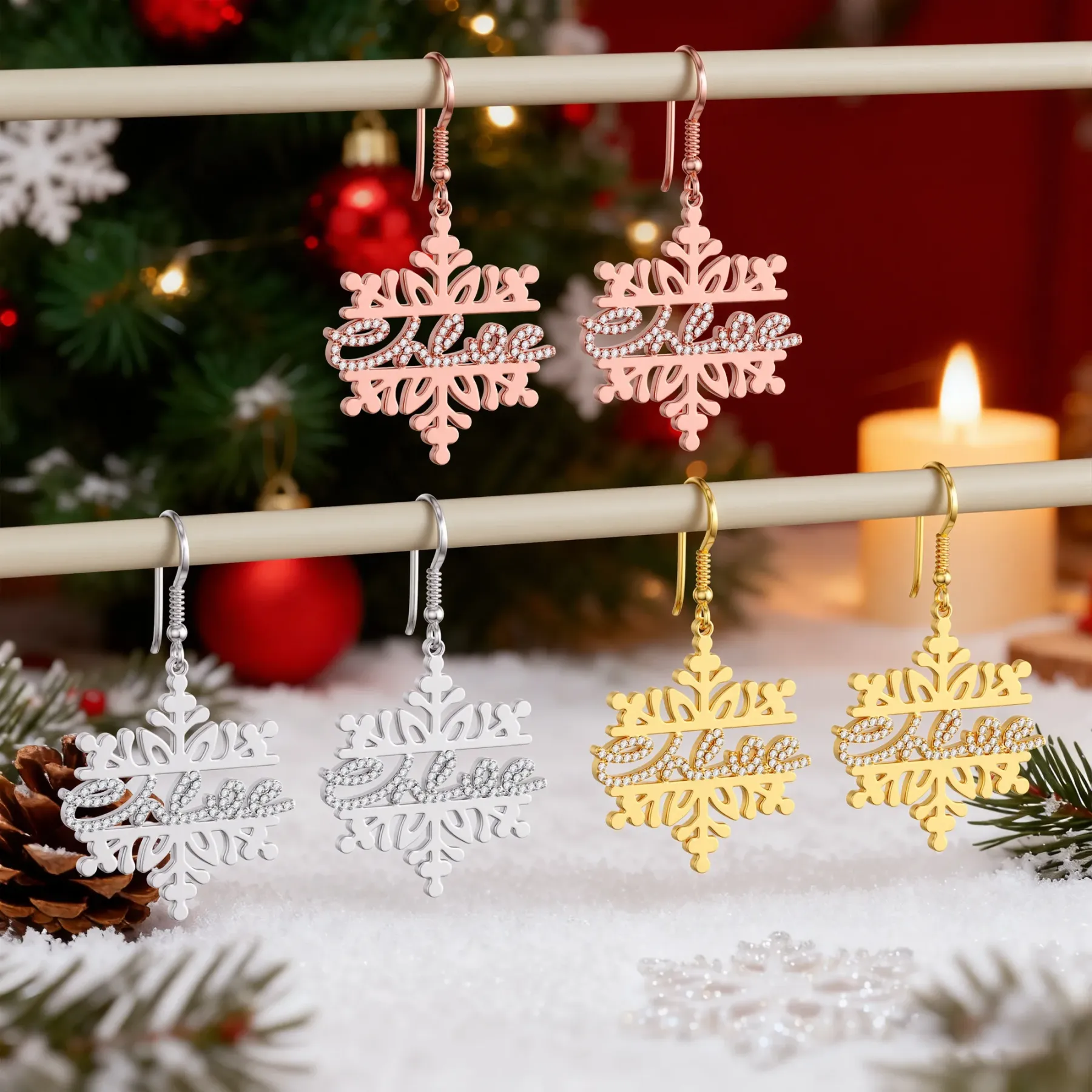 Custom Name Snowflake Earrings with Pavé Accents