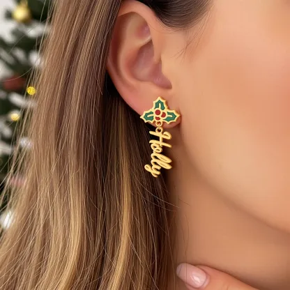 Personalized Name Holly Christmas Earrings