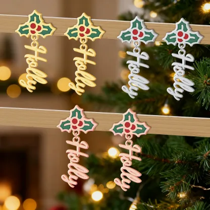 Personalized Name Holly Christmas Earrings