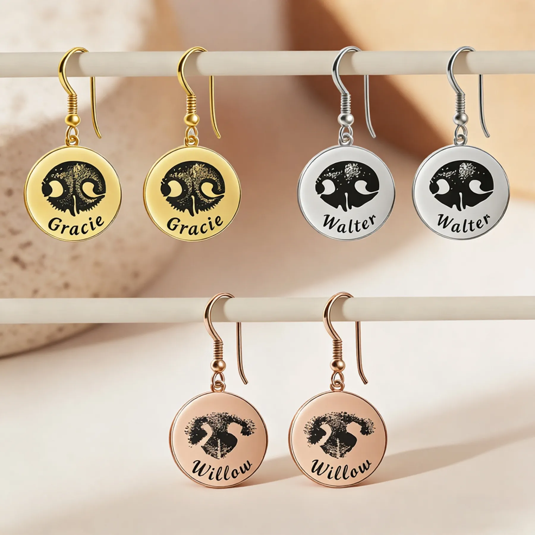 Custom Dog Cat Nose Print Round Disc Pendant Earrings