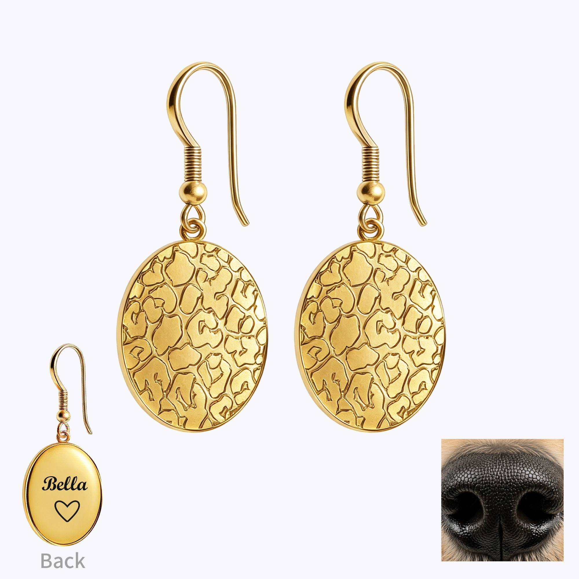 Custom Dog Cat Nose Print Oval Shape Pendant Earrings with Name