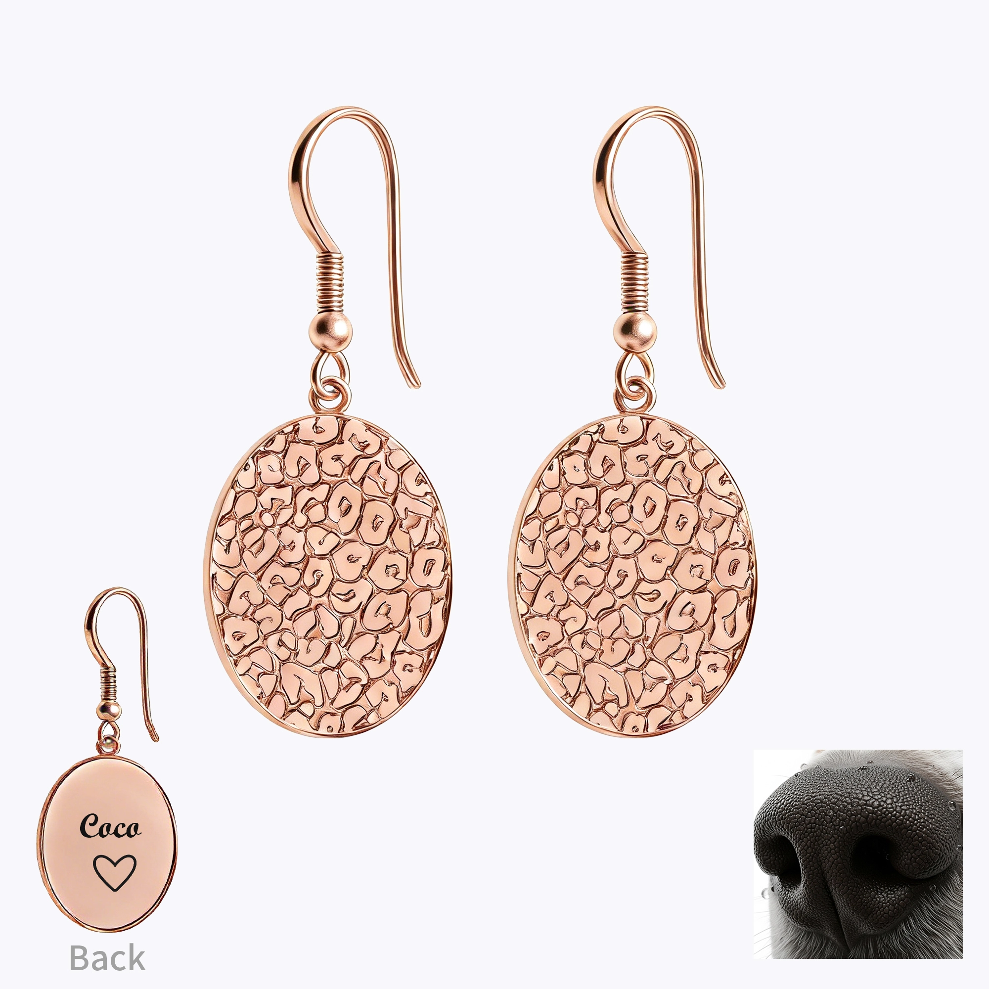 Custom Dog Cat Nose Print Oval Shape Pendant Earrings with Name