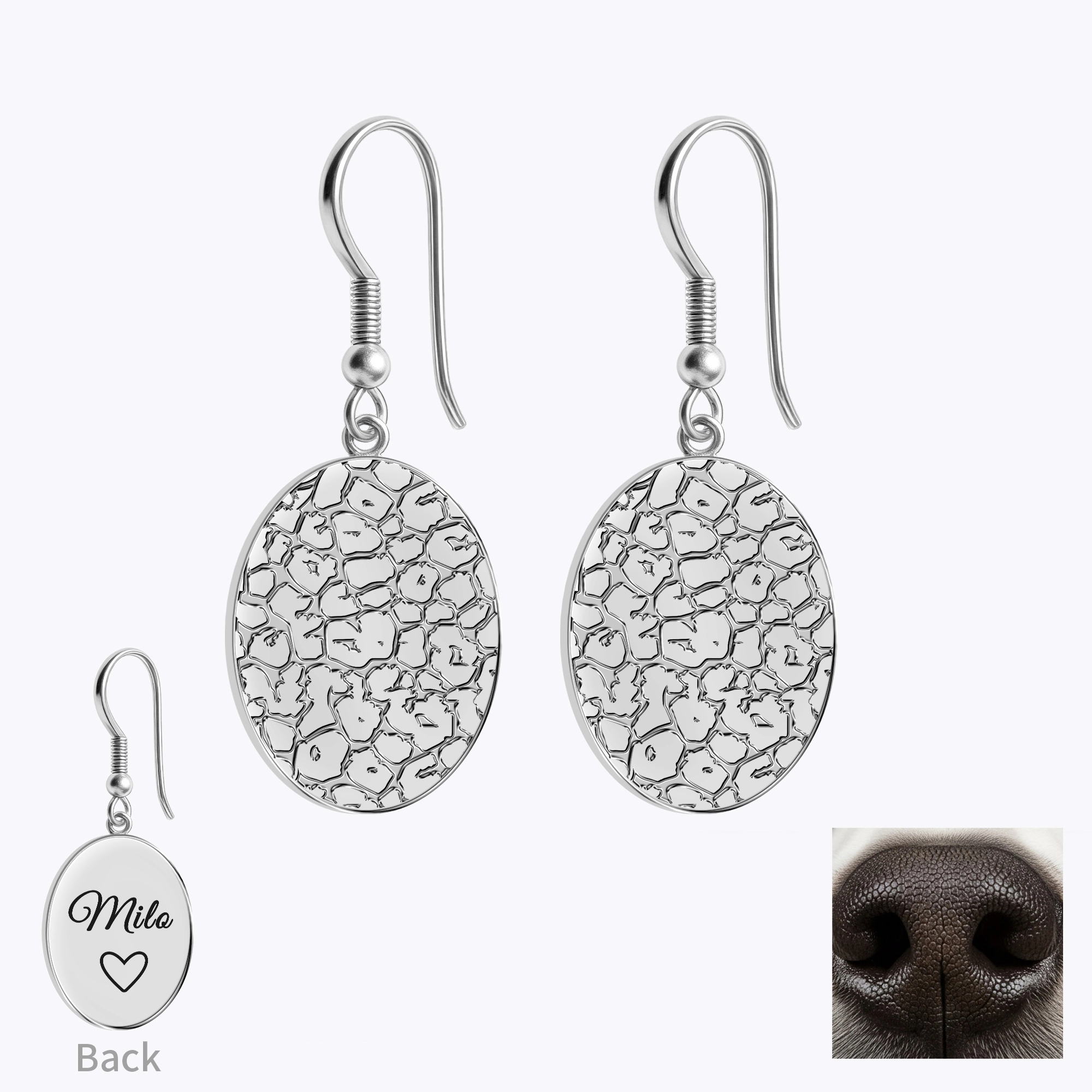Custom Dog Cat Nose Print Oval Shape Pendant Earrings with Name