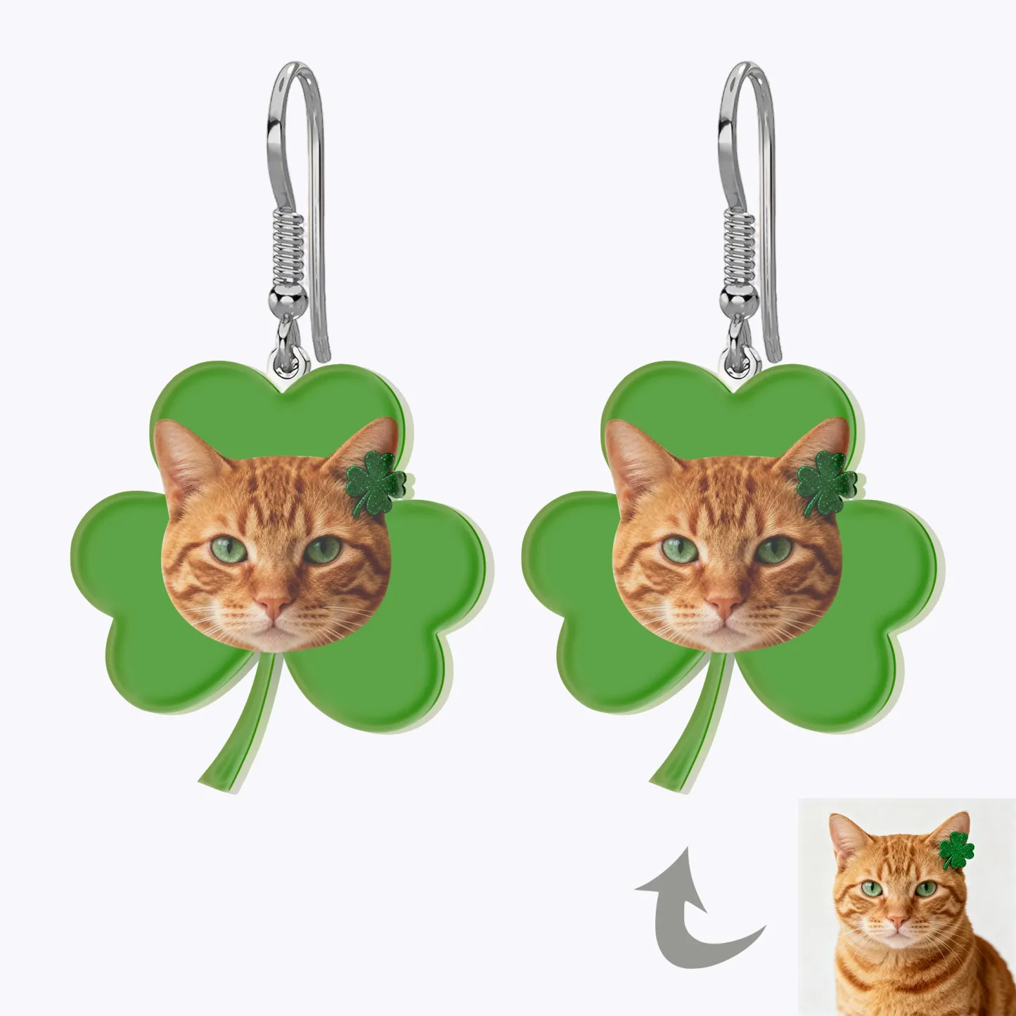 Custom Cat Dog Face Four-Leaf Clover Lucky Earrings for St. Patrick's Day