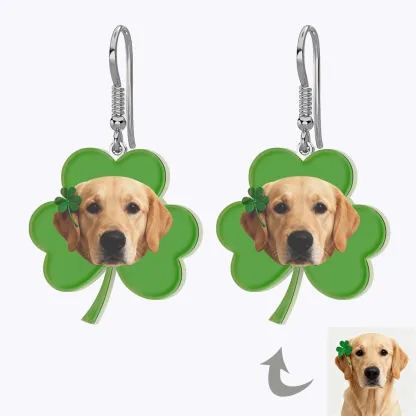 Custom Cat Dog Face Four-Leaf Clover Lucky Earrings for St. Patrick's Day