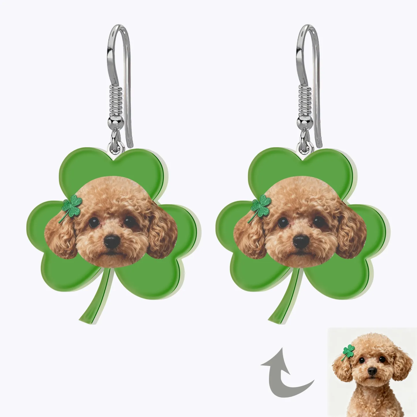 Custom Cat Dog Face Four-Leaf Clover Lucky Earrings for St. Patrick's Day