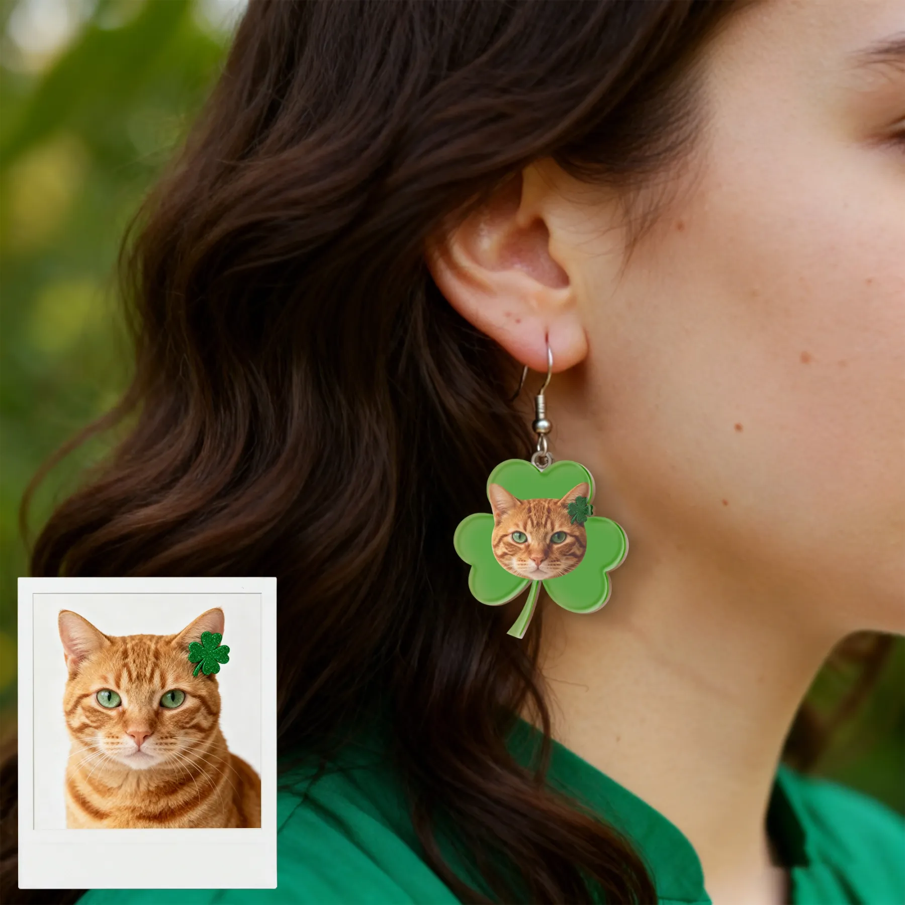 Custom Cat Dog Face Four-Leaf Clover Lucky Earrings for St. Patrick's Day