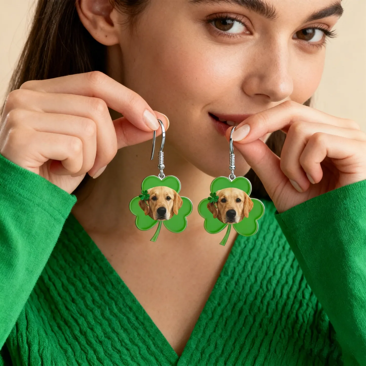 Custom Cat Dog Face Four-Leaf Clover Lucky Earrings for St. Patrick's Day