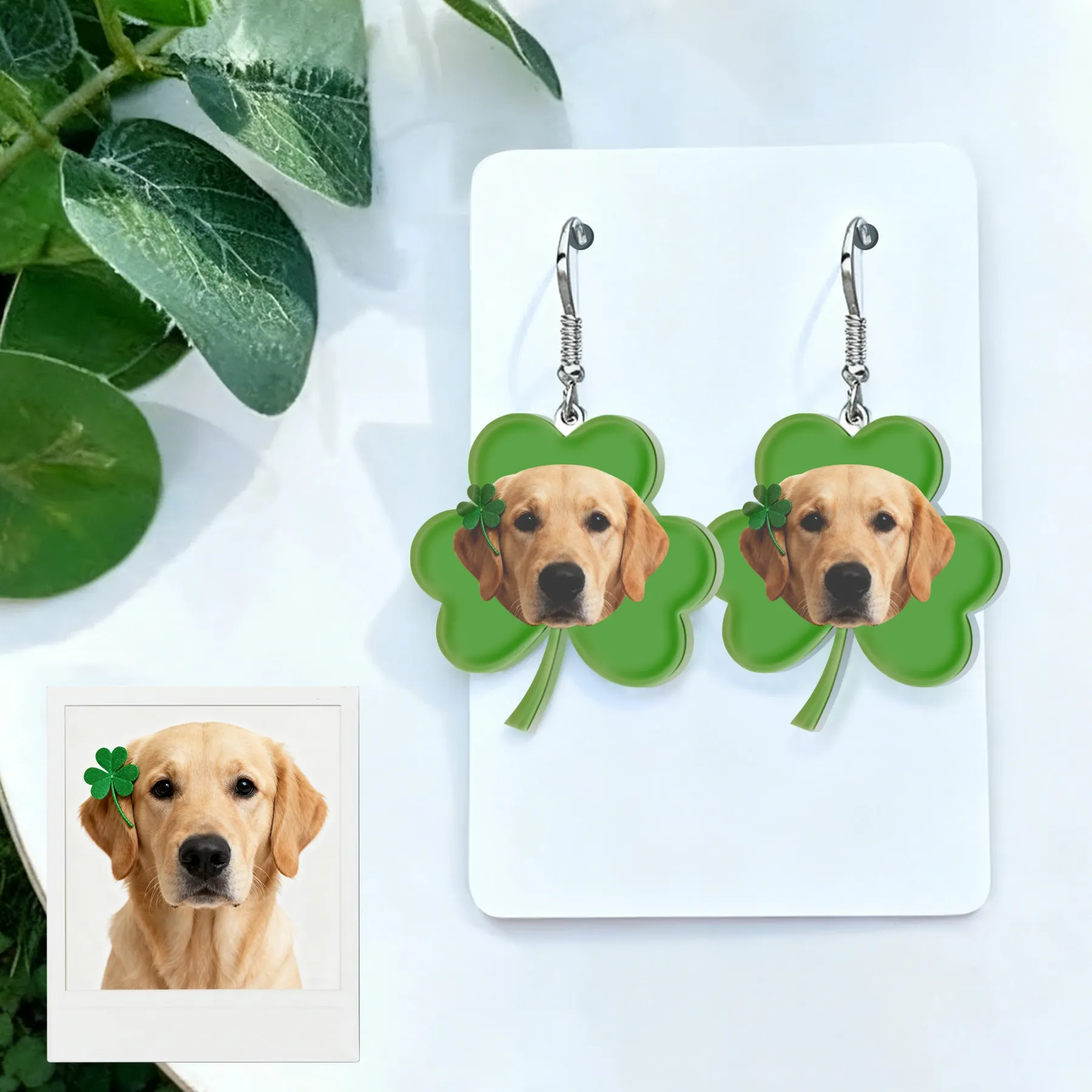 Custom Cat Dog Face Four-Leaf Clover Lucky Earrings for St. Patrick's Day