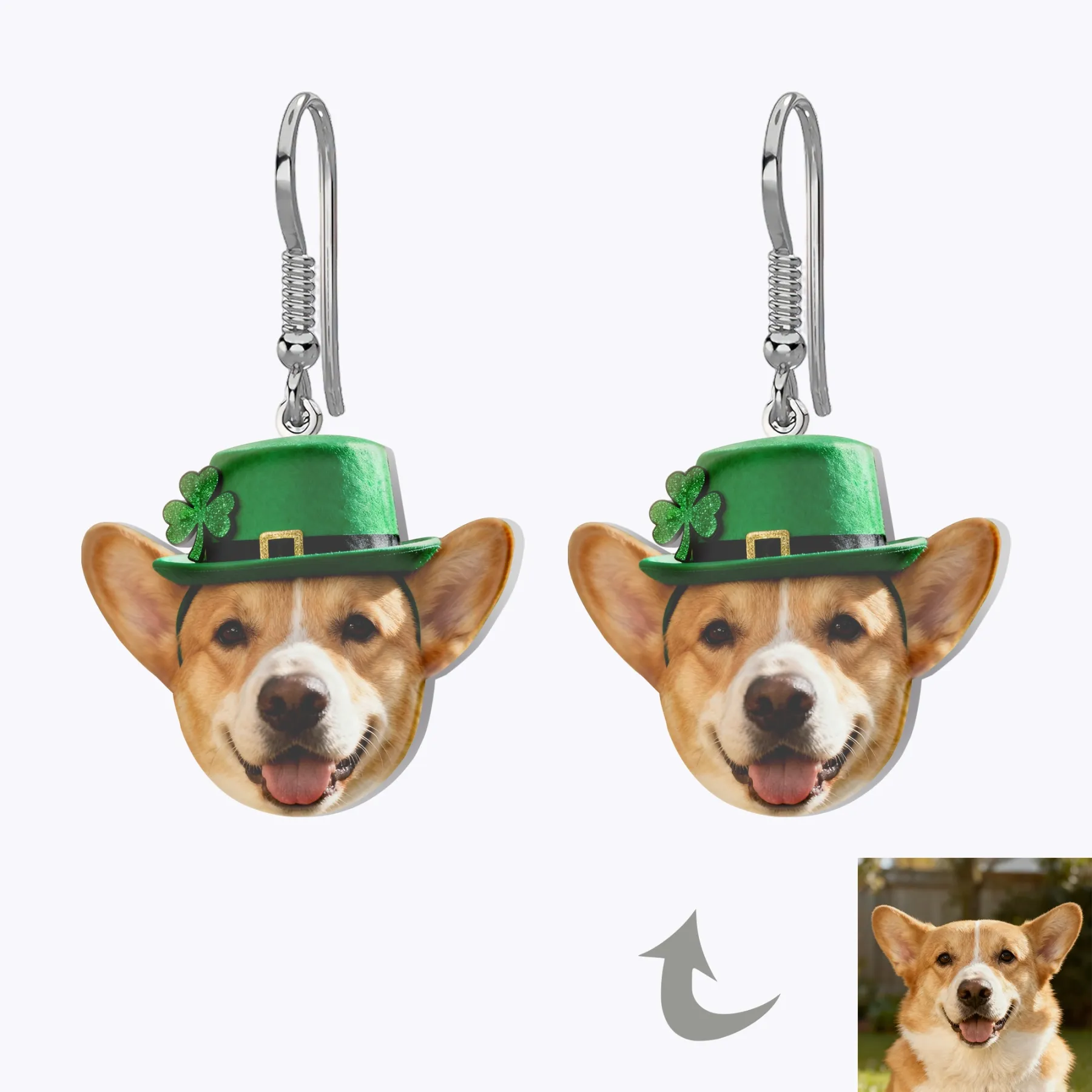 Custom Cat Dog Face Lucky Four-Leaf Clover Earrings for St. Patrick's Day