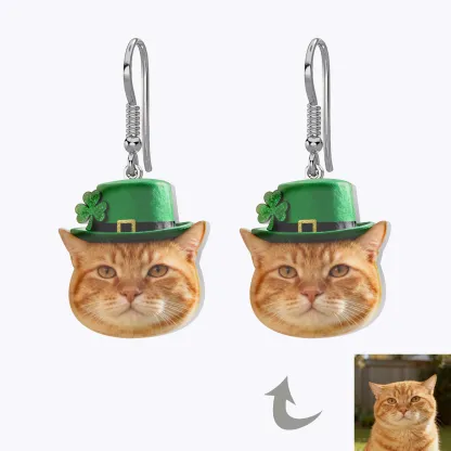 Custom Cat Dog Face Lucky Four-Leaf Clover Earrings for St. Patrick's Day