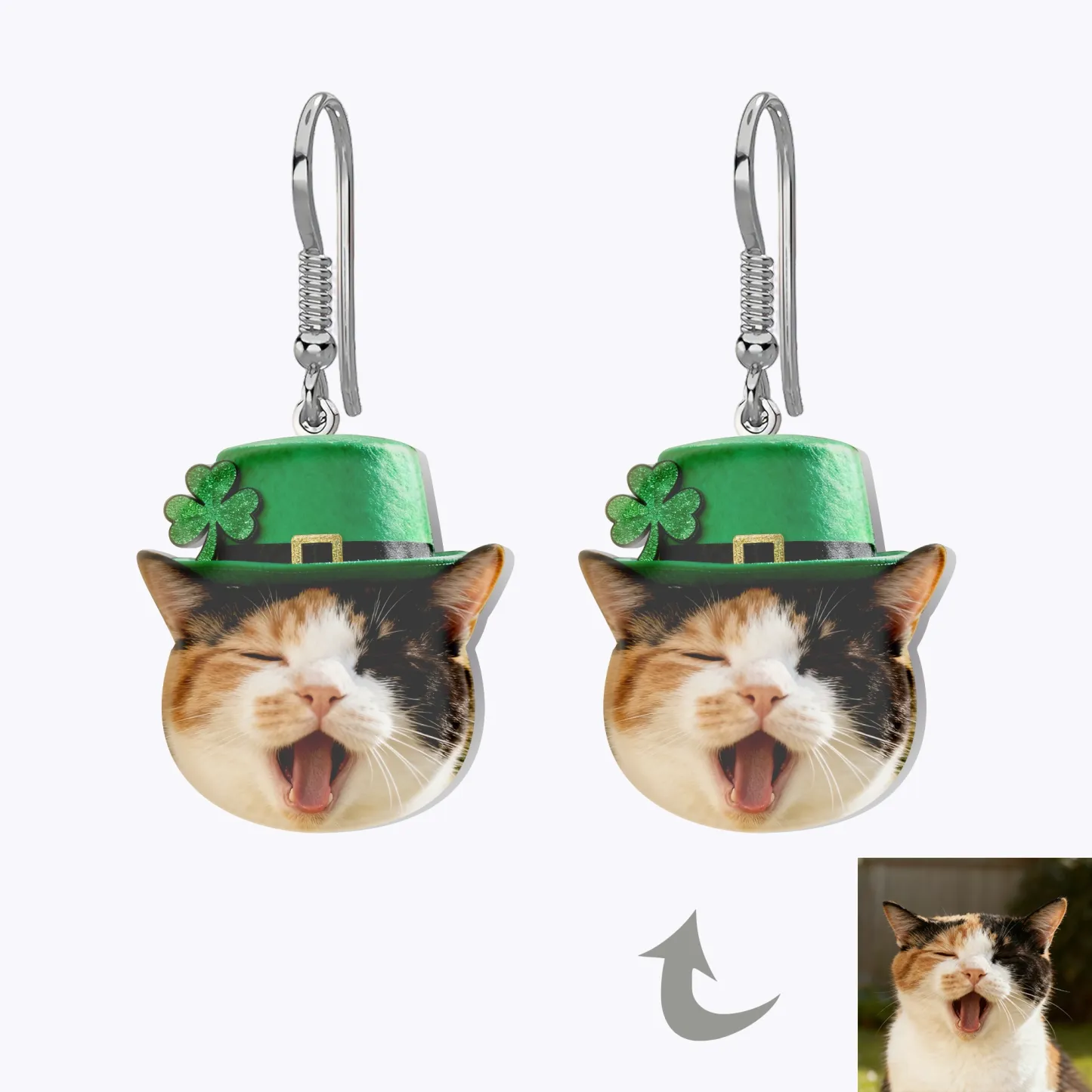 Custom Cat Dog Face Lucky Four-Leaf Clover Earrings for St. Patrick's Day