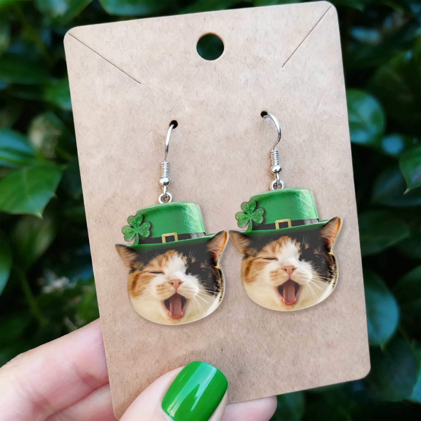Custom Cat Dog Face Lucky Four-Leaf Clover Earrings for St. Patrick's Day
