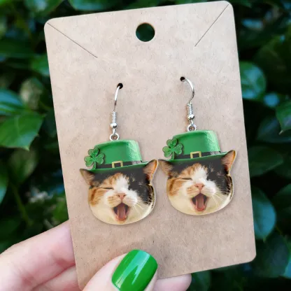 Custom Cat Dog Face Lucky Four-Leaf Clover Earrings for St. Patrick's Day