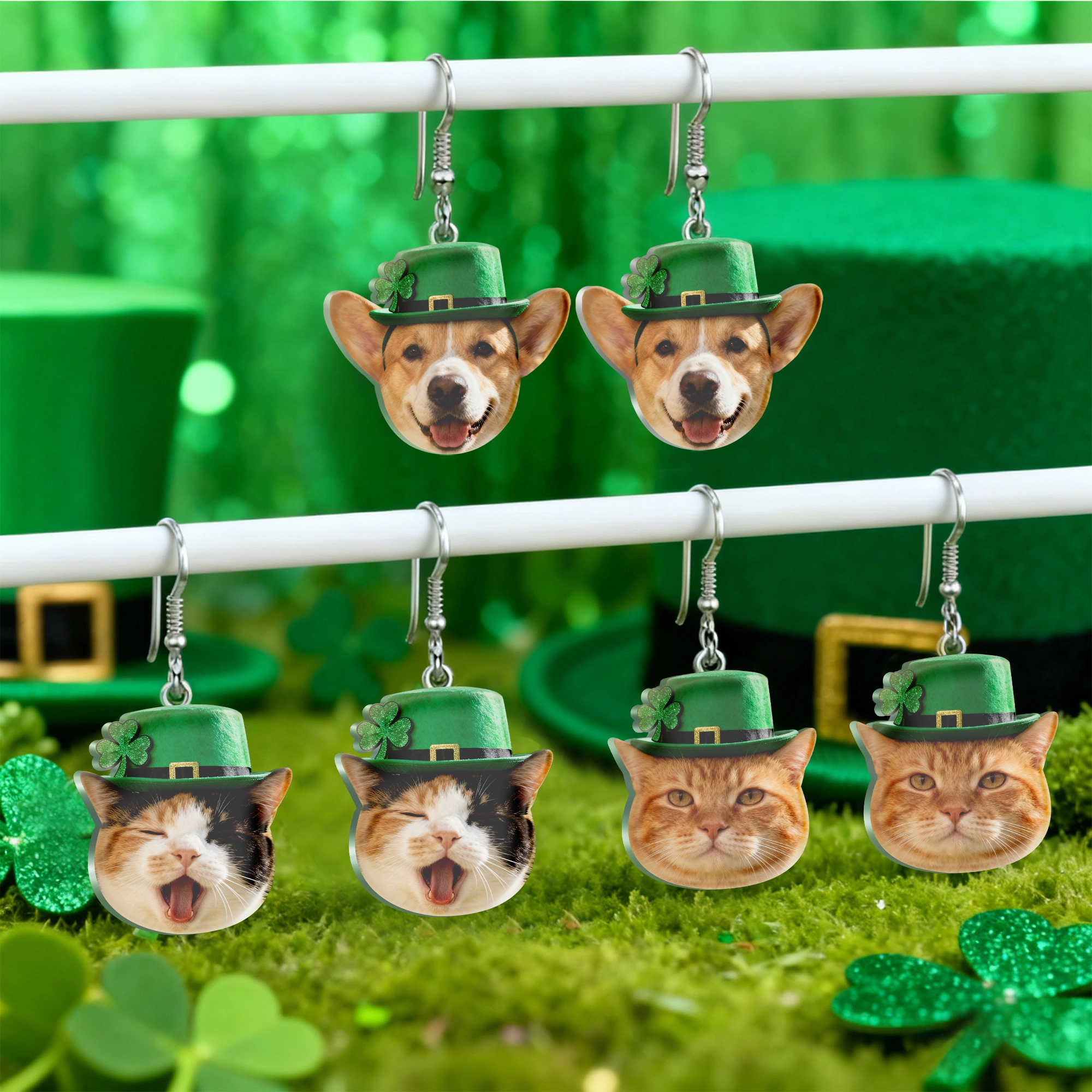 Custom Cat Dog Face Lucky Four-Leaf Clover Earrings for St. Patrick's Day