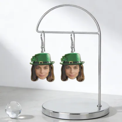 Custom Face Photo Lucky Clover Earrings for St. Patrick's Day