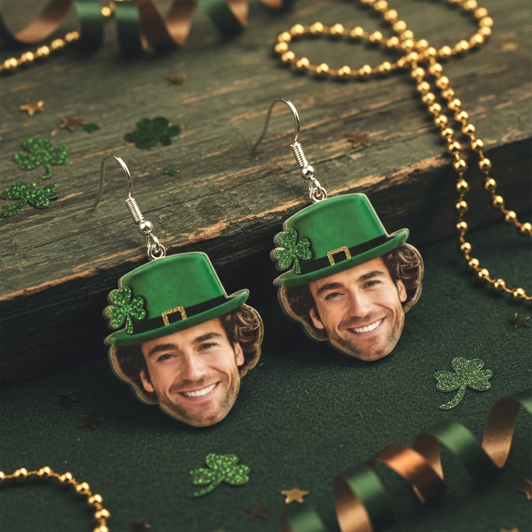 Custom Face Photo Lucky Clover Earrings for St. Patrick's Day