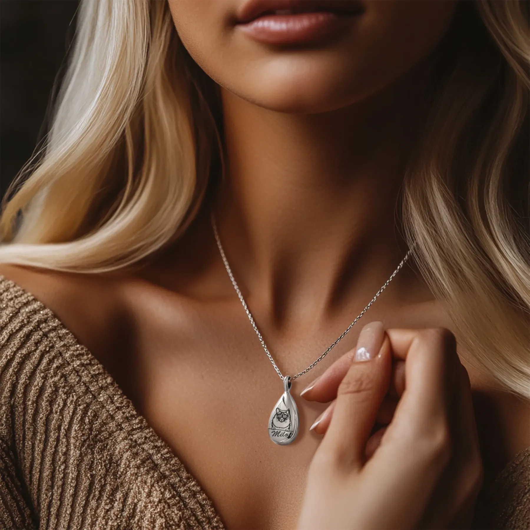 Custom Teardrop Pet Memorial Urn Necklace with Engraved Portrait & Name