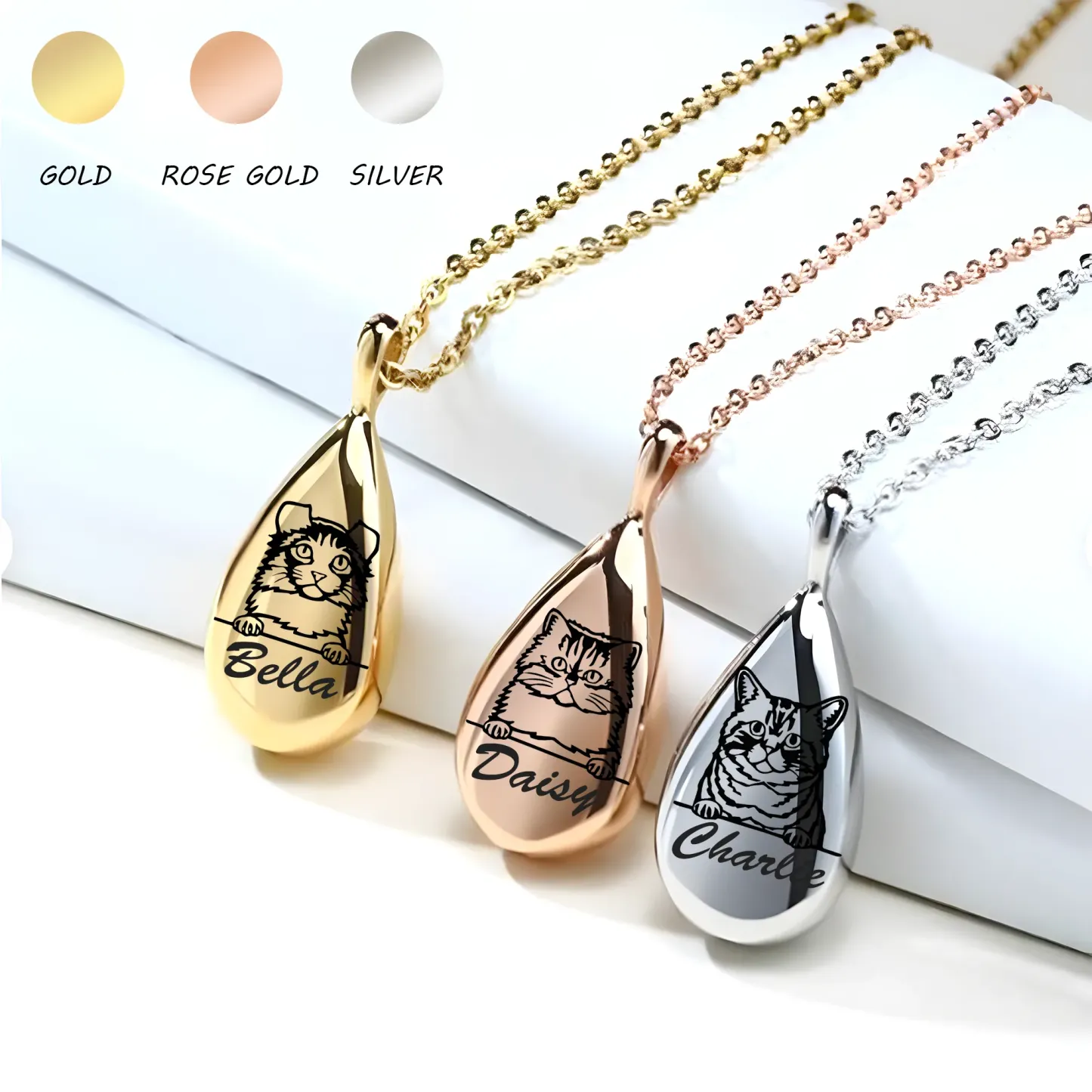Custom Teardrop Pet Memorial Urn Necklace with Engraved Portrait & Name